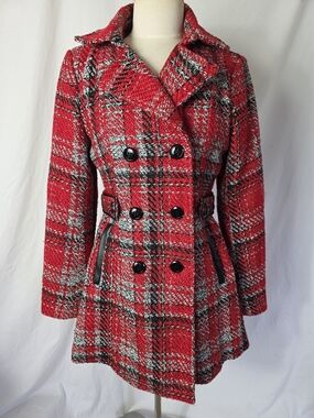 ByBy Red Plaid Textured Mid Length Trench Coat Women's Medium M Preppy
